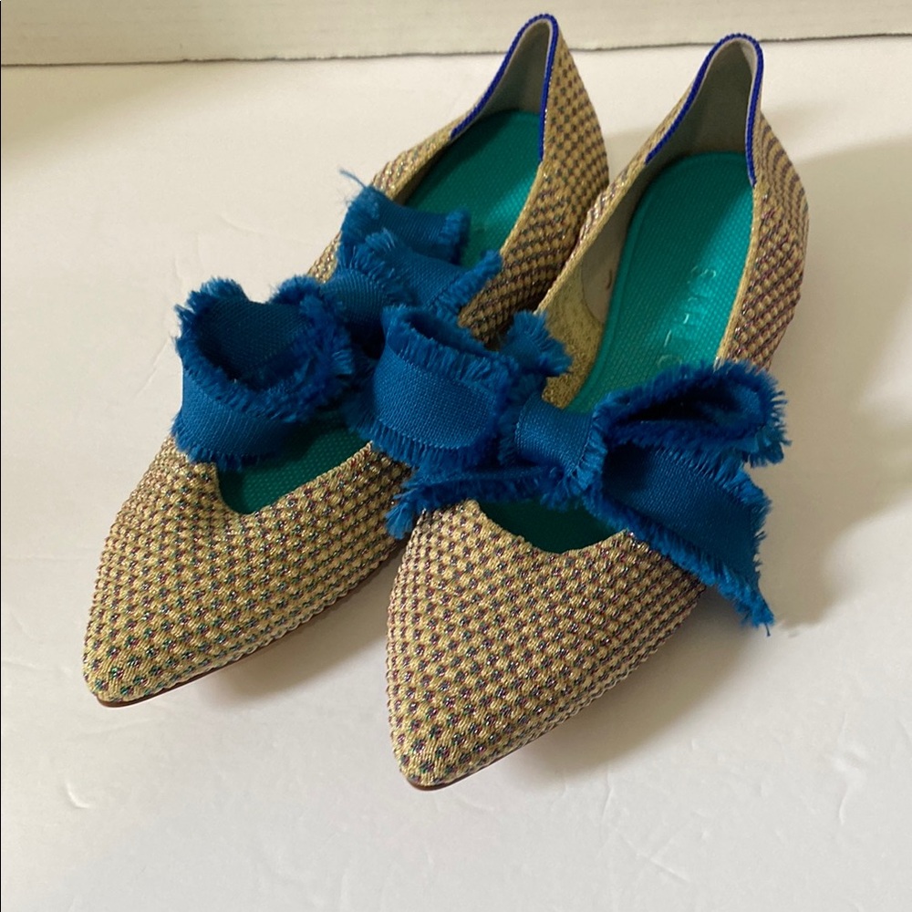 Rothy’s Women Size 10.5 Tweed Sparkle Pointed Flats with Blue Ties